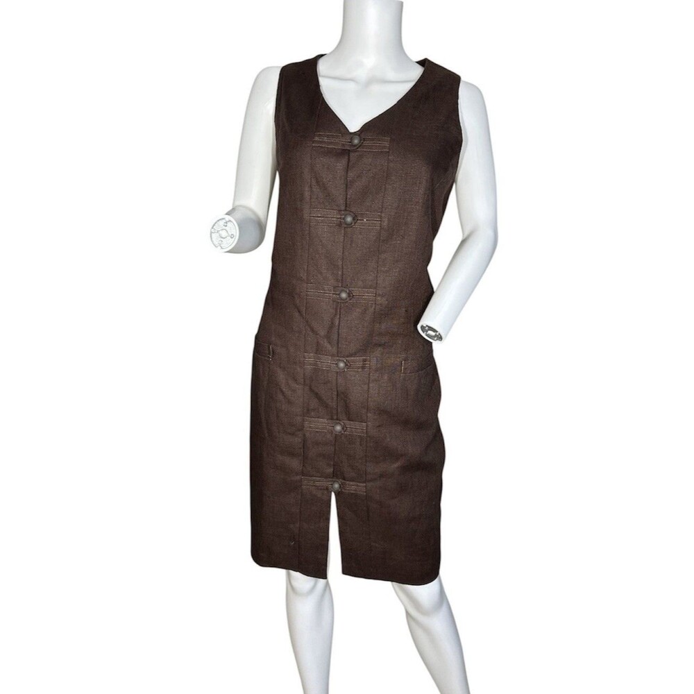 Vintage NY Sake Womens 100% Linen Sheath Dress Size 16 Brown Button Front Lined